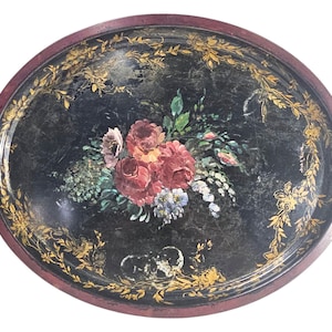 19th C Black French Tole Tray, 24” Oval, Hand-Painted Floral, Gilded Edge, Ornate Antique Metalware, Parisian Decor, Collectible Gift