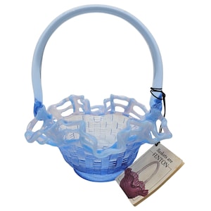 Fenton Blue Opalescent Glass Basket | Basket Weave Pattern | Open Edge Ruffled Rim | Vintage Pressed Glass Décor 7”