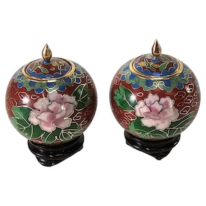 Vintage Cloisonné Mini Vases, Enameled Floral Red Pair Vase, Chinese Mini Vase Pair W/ Box Peony 3&quot;H