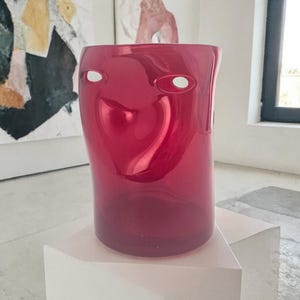 Ruby Red Hand Blown Art Glass Vase Pinched Dimple Blenko Style 8"