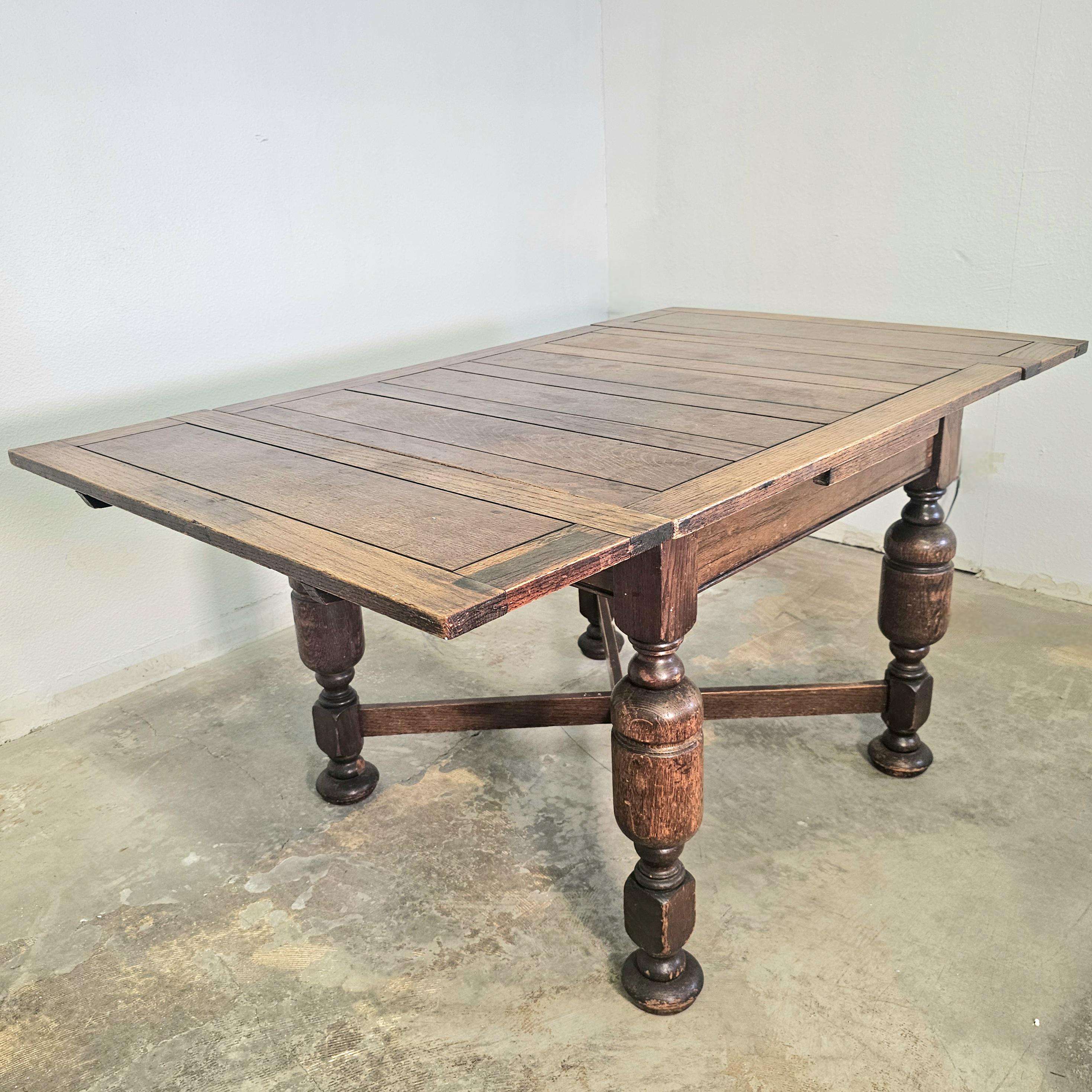 Antique 1930's Oak Jacobean Revival Drop Leaf Dining Table