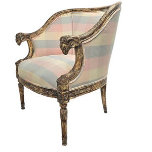 Gustovian Ram Heads Bergère Tub Chair Patinated Finish Louis the XVI Style