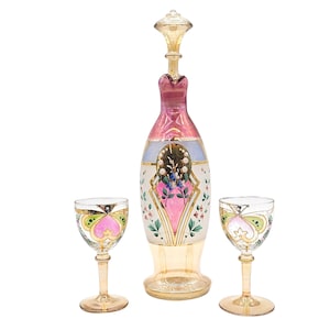 Vintage Bohemian Amethyst Decanter Set: Hand-Painted Floral Czech Barware