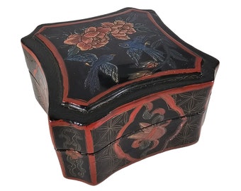 Vintage Black Lacquer Hexagonal Box, Hand-Painted Peony Bird Design