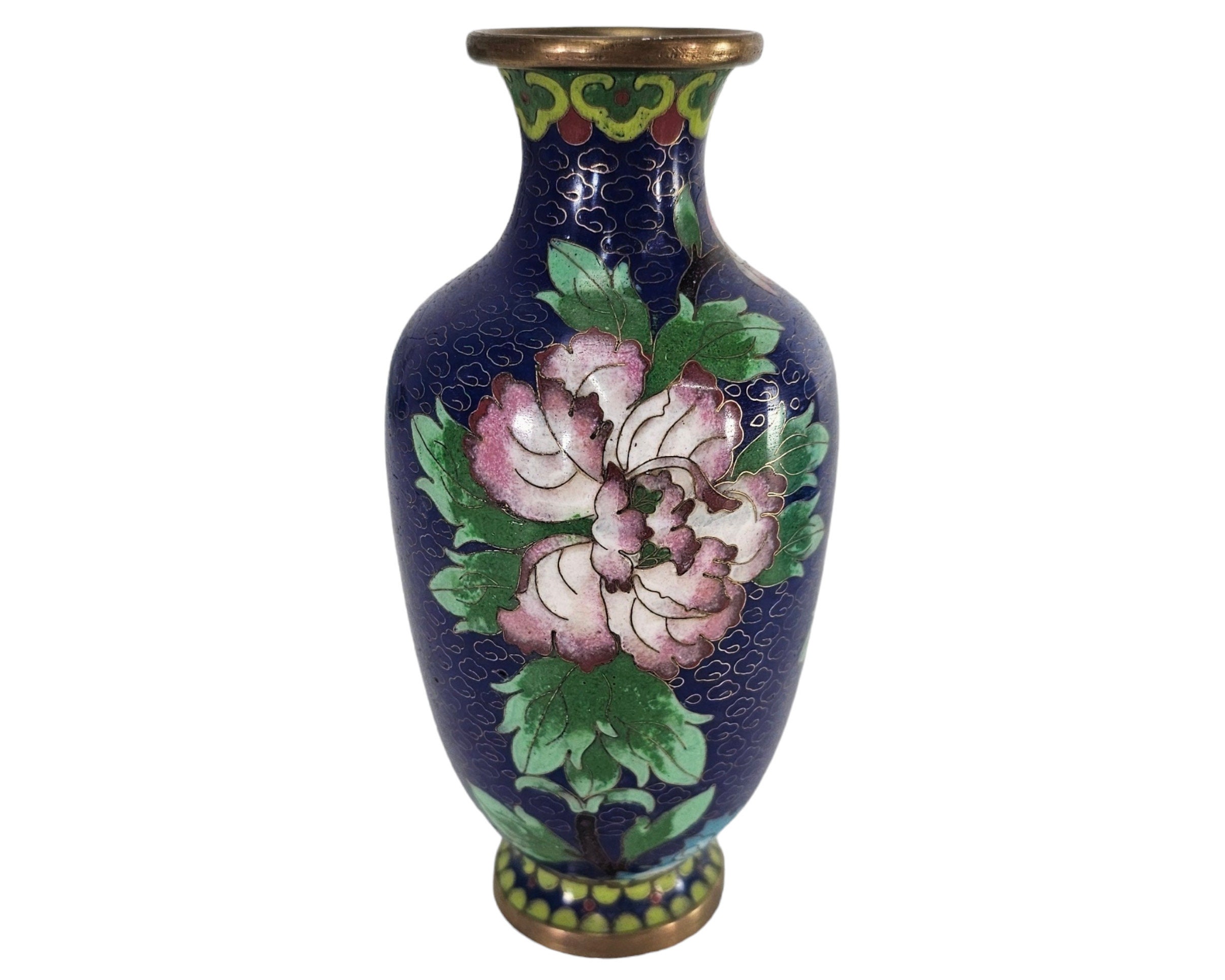 中国　七宝焼　真鍮製　花瓶 ヴィンテージ中国七宝花瓶: 花柄コバルトブルー真鍮花瓶、6.25インチ