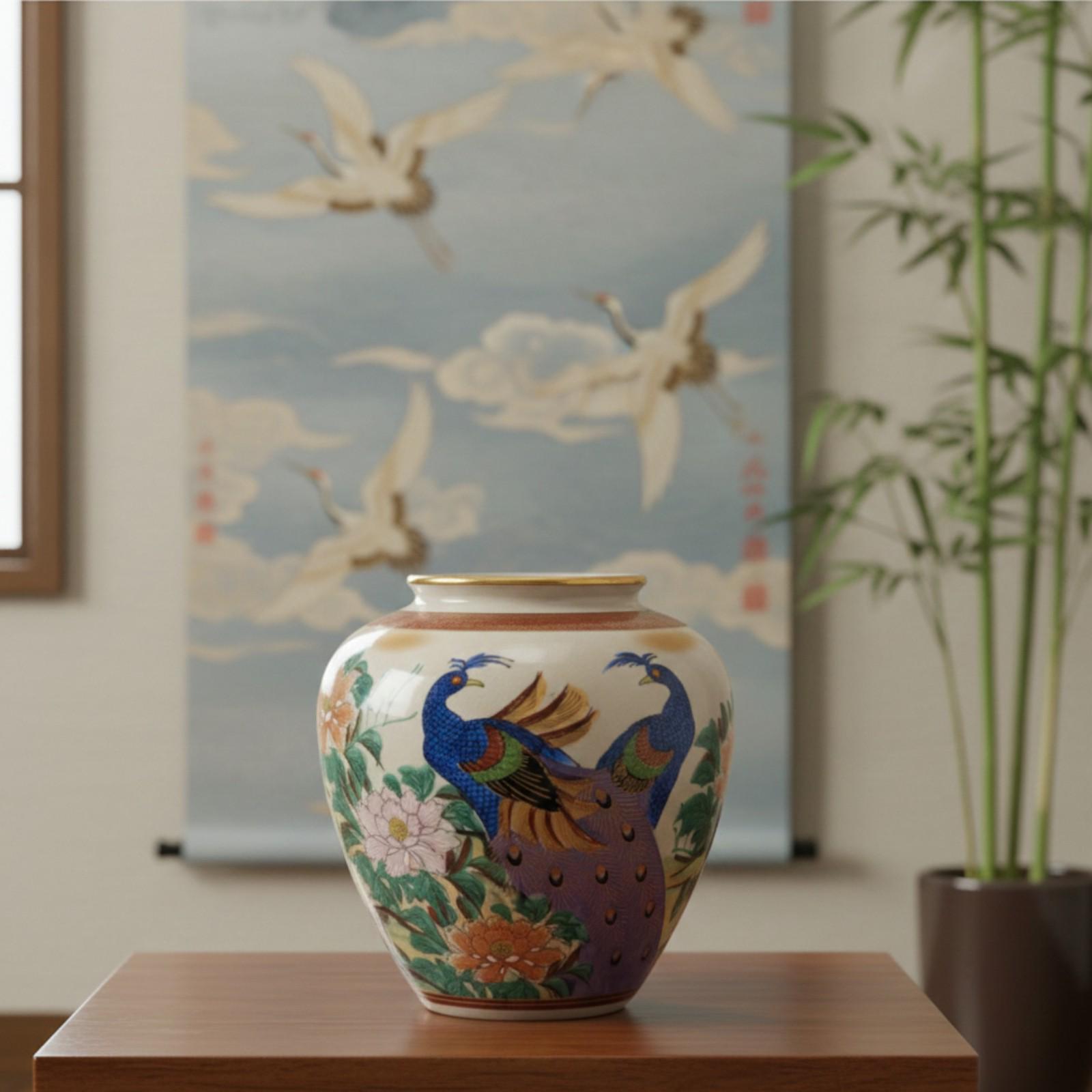 九谷焼　孔雀の絵柄の花瓶 ヴィンテージ九谷焼孔雀花瓶、手描き花柄磁器、金彩エナメル、高さ8