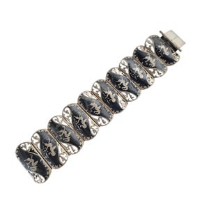 VTG Sterling Panel Bracelet Siam Niello Black Enamel Cuff Bracelet Thailand 7”