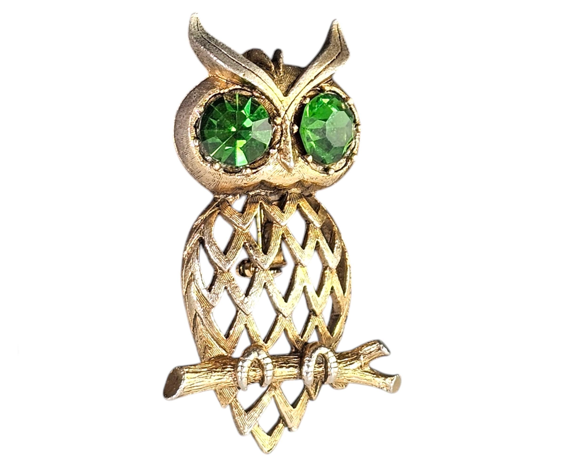 Vintage Roma Owl Brooch Green Eyes Gold Plate Costume Pin 2.25"