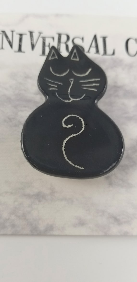 Studio Art Ceramic Black Cat Kitten Kitty, Brooch… - image 2