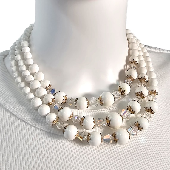 Vintage MCM Necklace, 3-Strand White Crystal Neck… - image 1