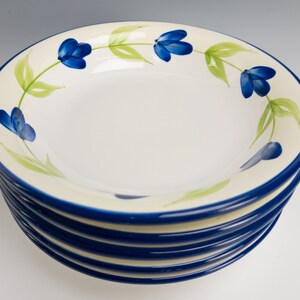 Può includere: Un set di cinque ciotole in ceramica bianca con un design floreale blu e verde. Le ciotole hanno un bordo blu e un interno bianco.