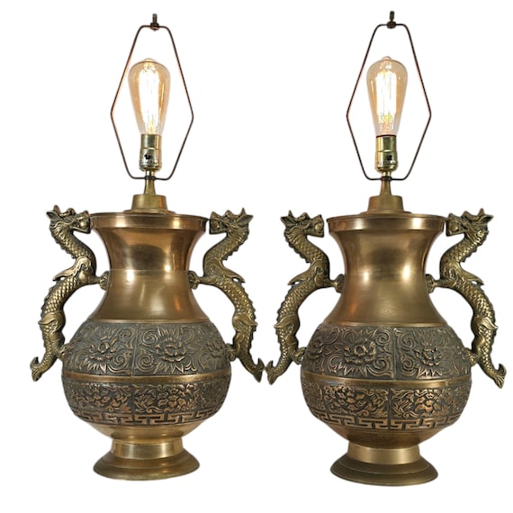 Pair Repoussé Brass Dragon Lamps Chinoiserie Hollywood Regency
