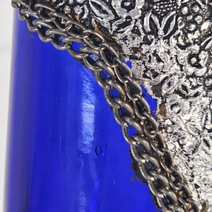 Vintage Ruffle Vase, Cobalt Blue Vase, Turkish Glass Vase, Silver Over-Lay Jeweled Ombre Vase 11 image 9