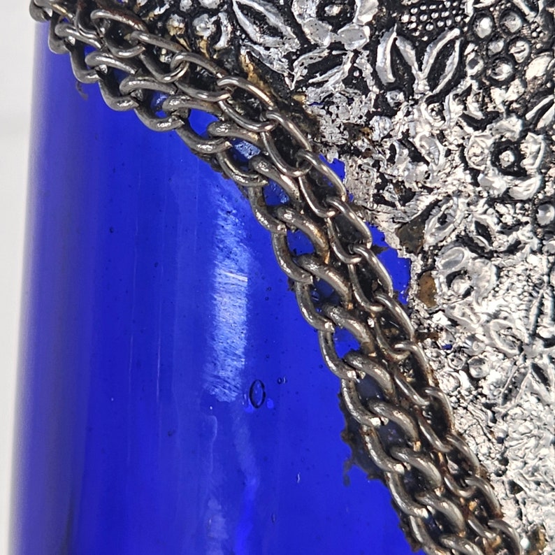 Vintage Ruffle Vase, Cobalt Blue Vase, Turkish Glass Vase, Silver Over-Lay Jeweled Ombre Vase 11 image 9