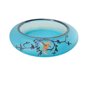 Antique Art Nouveau Blue Satin Glass Bowl, 7.5”, Silver Overlay, Hand-Painted Parrot, 1910s Decorative Glass, Collectible Home Decor