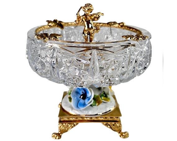 Vintage Crystal Ashtray: Baroque Cherub, Porcelain Flowers, Claw