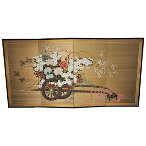 Japanese Panels, Showa Byobu Screen Divider, &quot;Flower Cart&quot; Four Panel 71&quot;L