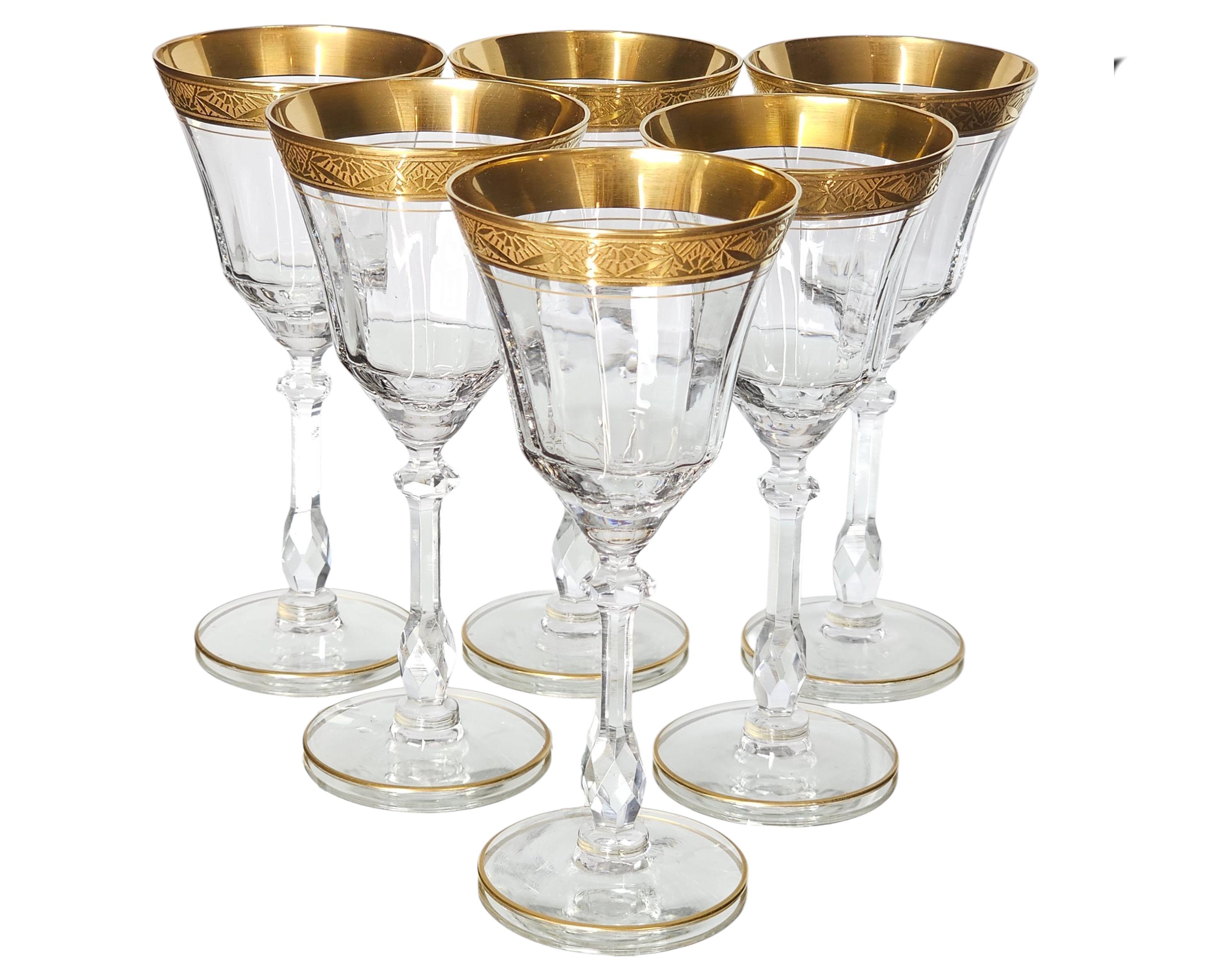 Vintage Franciscan Tiffin Rambler Rose Wine Glasses | Set of 6 Optic Crystal Goblets with Gold Trim | Elegant Glassware Décor