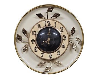 Mid Century Gilded Leaf Wall Clock: United Clock Corp. Model 45, Brooklyn NY 10.5"