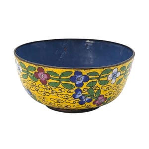 Vintage Chinese Cloisonné Enamel Bowl Yellow Floral Exterior Blue Interior Small Metal Trinket Dish Collectible