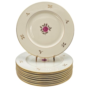 Set Of 10 Lenox Rhodora Dinner Plates 10.5” USA Red Rose Gilded Fine China P471 Gold Rim Wedding Gift Vintage Porcelain Tableware