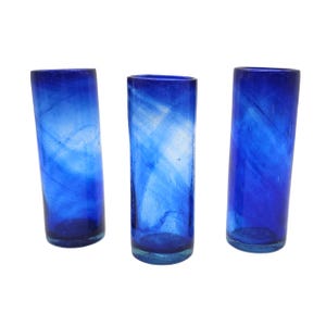 Vintage Mexican Cobalt Blue Bubble Glass Tumblers Set of 3 Hand Blown M Marked