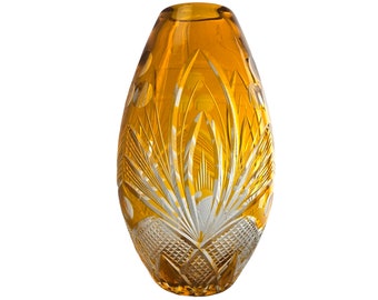 Vintage Cut To Clear Vase, Yellow Glass Vase, Bohemian Crystal Vase, Yellow Cut Glass Vase 10"