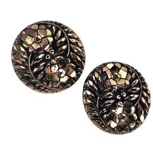 Vintage Czech Glass Earrings: Black & Gold Floral Round Earrings 1.25"