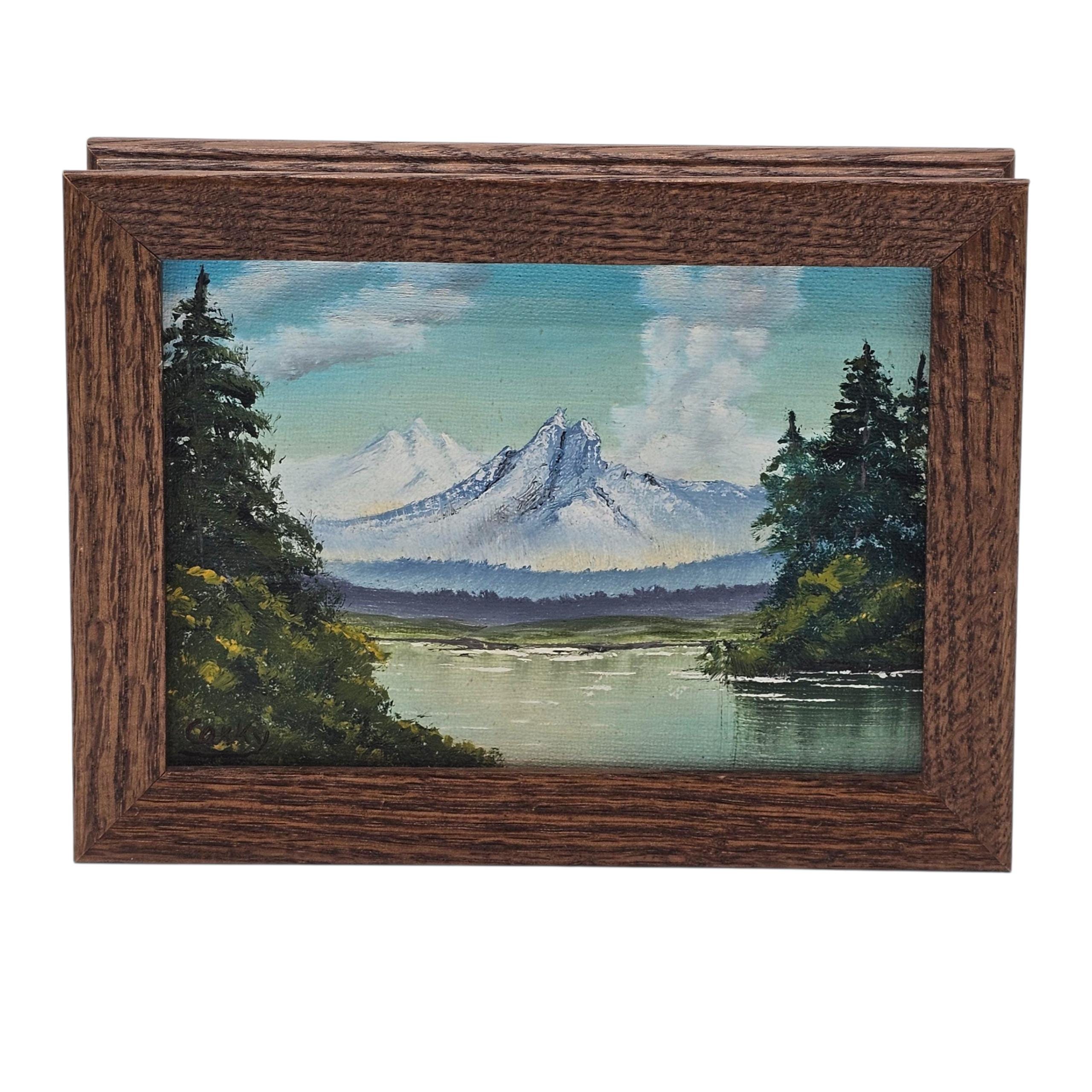 油彩画 山と湖の風景 ヴィンテージ油絵：湖と山の風景、Corky作、額入りキャビンアート、幅