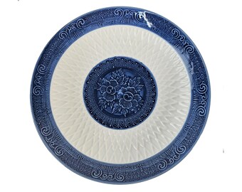 Vintage Arita Mansen Cobalt Blue Porcelain Platter, Embossed Camellia Flower, Japanese Art Decor