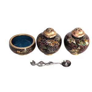 Vintage Chinese Cloisonné Salt and Pepper Set with Spoon