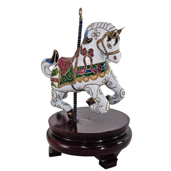 七宝焼の馬の置物、ヴィンテージ中国のエナメル真鍮メリーゴーランド