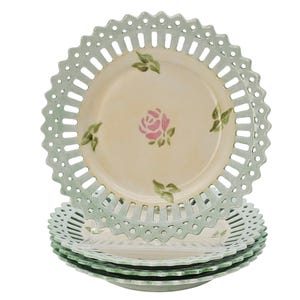 Antike Bavaria Dessertteller (4er Set): Durchbrochene filigrane, Handbemalte Rosen