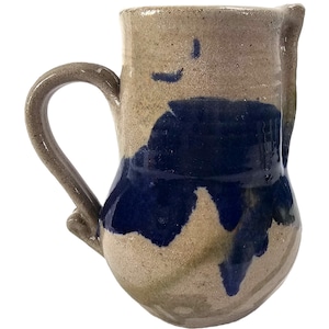VTG Studio Art Pottery Pitcher 7” – Taupe & Blue Drip Glaze, Handmade Stoneware Jug, Rustic Ceramic, Unique Artisan Kitchen Decor