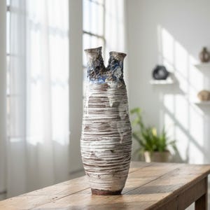 VTG Studio Pottery Tulipière Vase, Coil-Built Ikebana Form with Ash Drip Glaze, Handcrafted Multi-Spout Art Vessel, Sculptural Ceramic, 13"