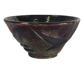 Vintage Studio Art Pottery Bowl: Iridescent Green Purple Glaze, Signed Ceramic (6.5")