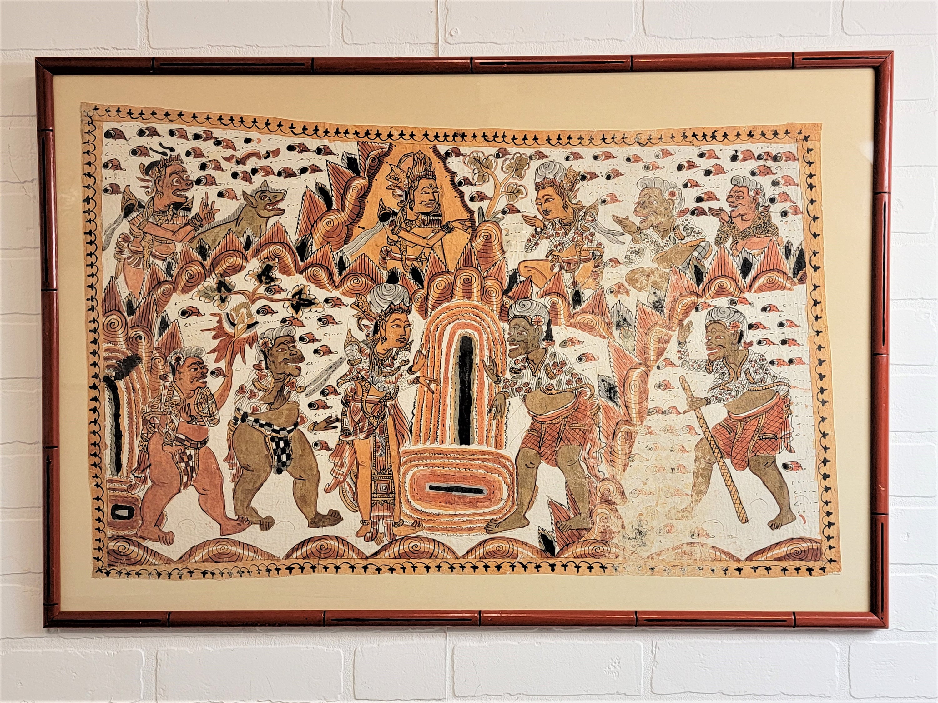 バリ島 カマサン画(Wayang Kamasan)額装品 伝統工芸品 Vintage Balinese Kamasan Cloth Painting, Mahabharata Textile Art