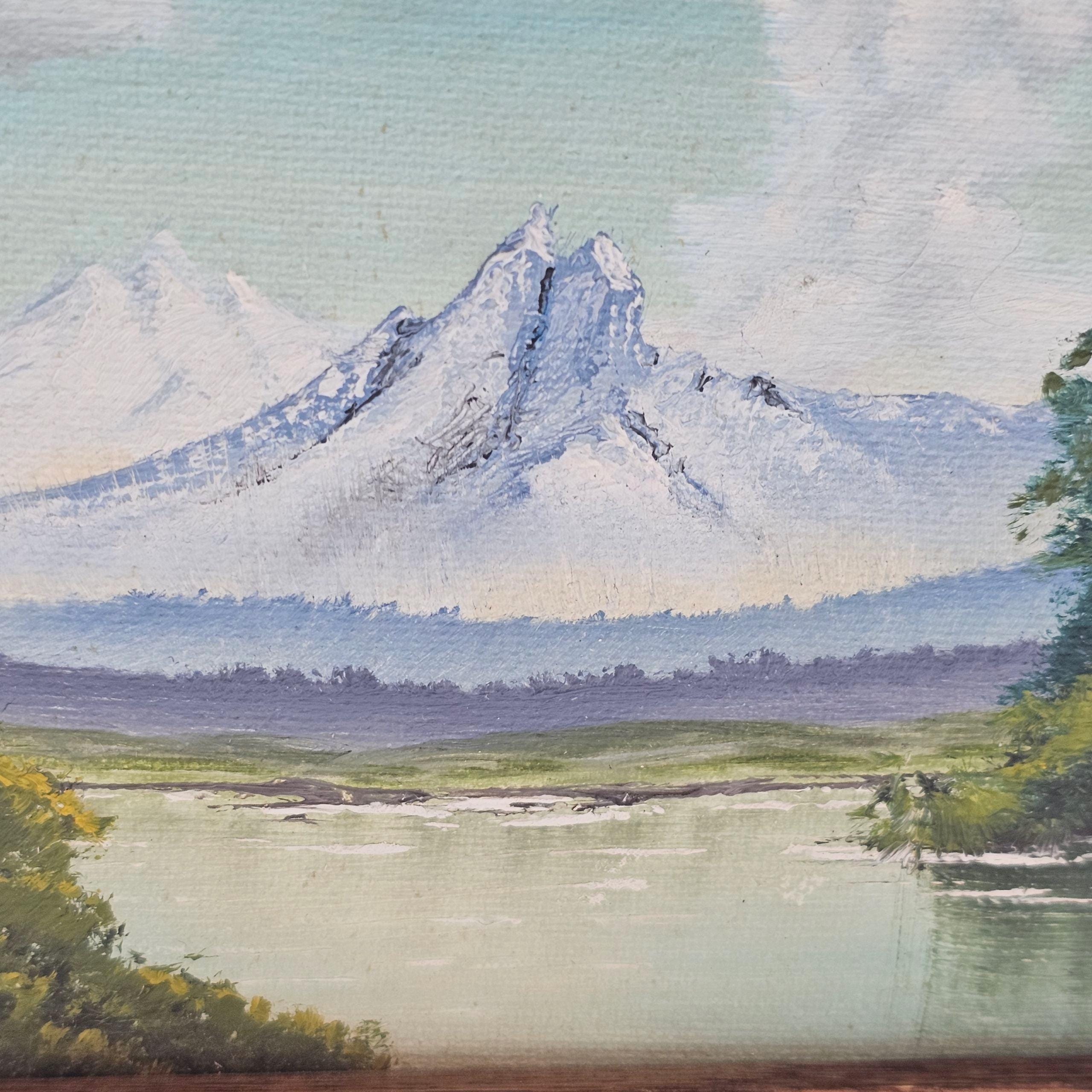 ヴィンテージ油絵：湖と山の風景、Corky作、額入りキャビンアート、幅