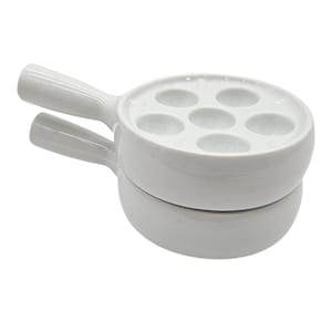 2 French Ceramic Escargot Baking Dishes White 6-Hole Snail Servers w/ Handles Vintage Bistro Cookware Set