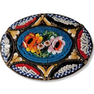 Antique Italian Micro Mosaic Brooch: Early 20th Century Floral Pin