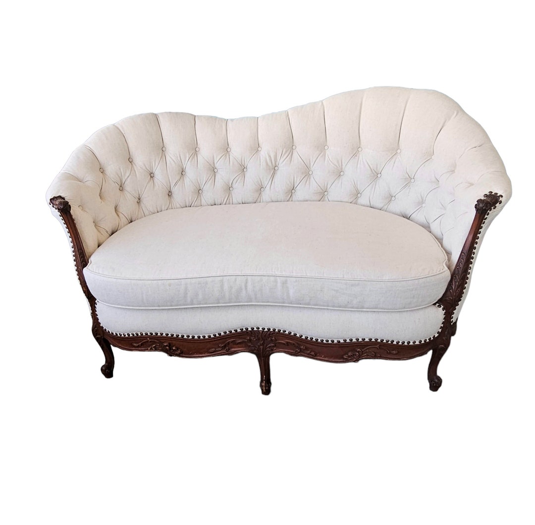 French Settee White Linen Settee Wooden Furniture White Etsy