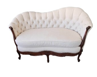 French Settee, White Linen Settee, Wooden Furniture, White Settee, Late 19th Century Sofa