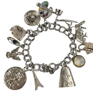 Vintage Retro Bracelet, Mix Charms Bracelet, Sterling Silver Bracelet, Travel Art Theme Bracelet