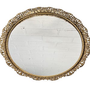 Vintage Brass Filigree Boudoir Mirror Tray Vanity Tray Hollywood Regency 12&#39;