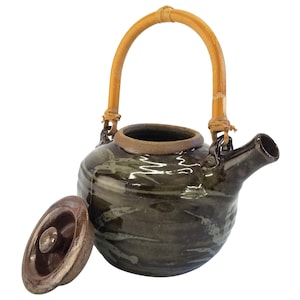 Japanese Raku Teapot Green Brown Bamboo Design and Handle Artist Signed