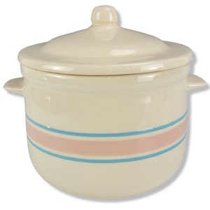 Vintage McCoy Stoneware Casserole: Pink & Blue Stripe, Covered Dish
