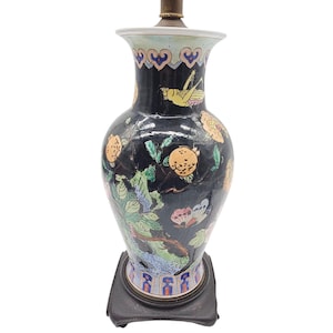 Vintage Chinese Famille Noir Porcelain Table Lamp – Birds & Peony Floral Hand Painted