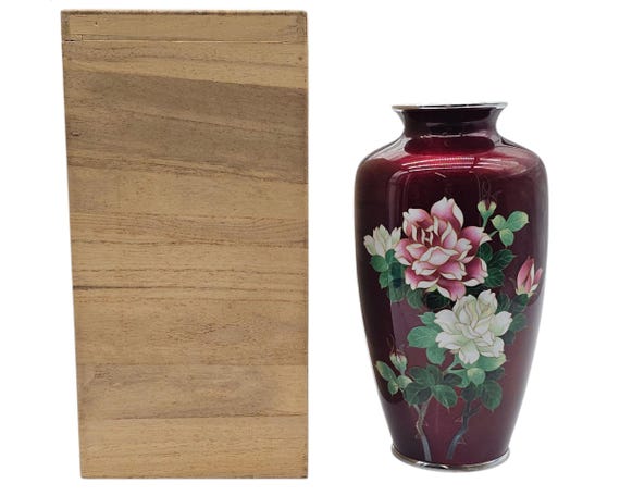 安藤十兵衛 銘 七宝焼 花瓶 牡丹 花 鳩血 赤 箱付き 10インチ - Etsy 日本