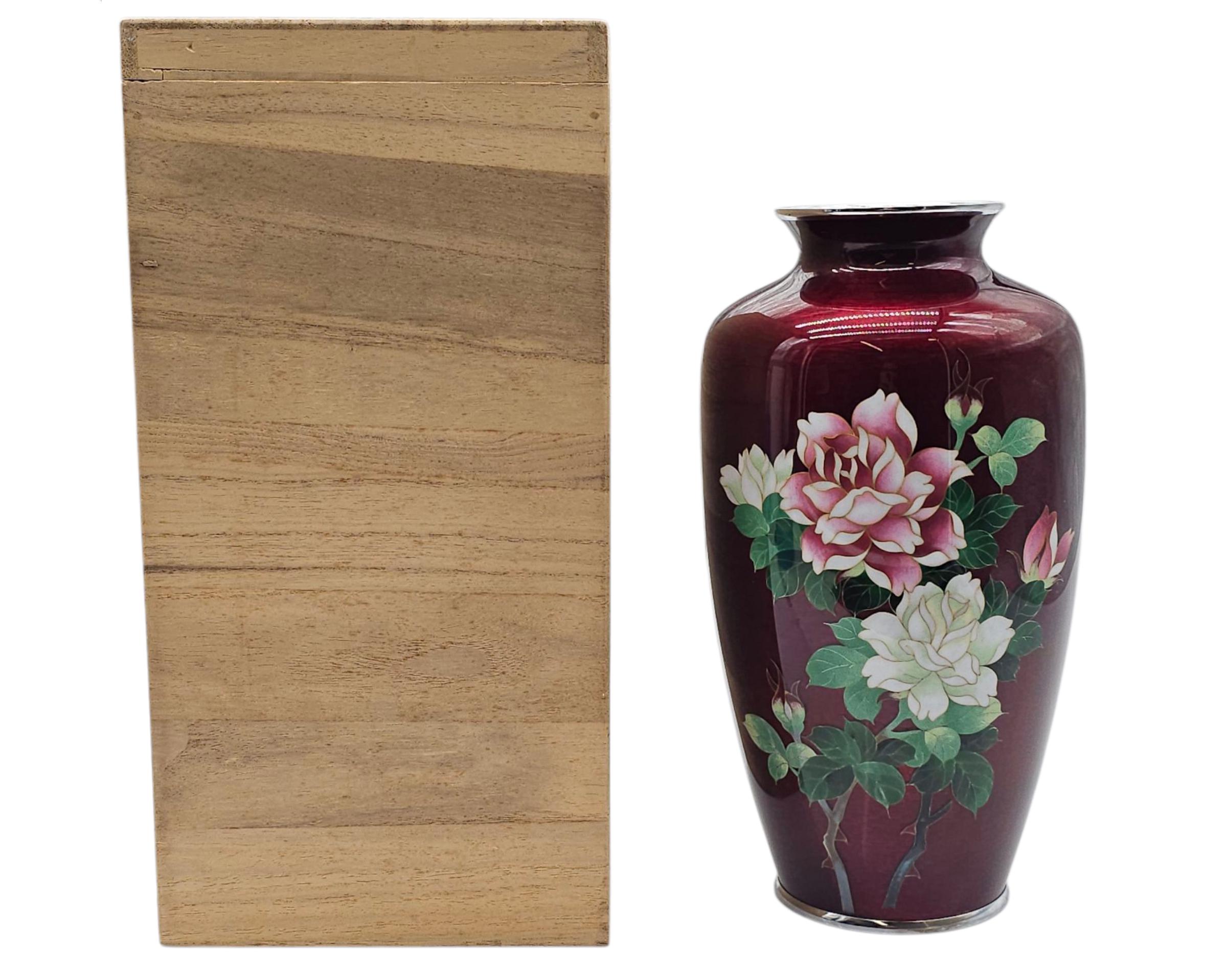 安藤十兵衛 銘 七宝焼 花瓶 牡丹 花 鳩血 赤 箱付き 10インチ - Etsy 日本