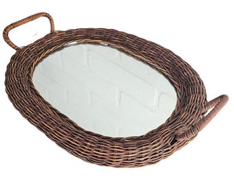Vintage 1970s Wicker Vanity Tray with Mirror, Boho Bar Cart Decor